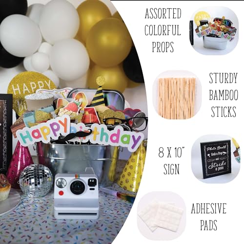Birthday Photo Booth Props - 41-pc Kit with 8 x 10-Inch Sign, 60 Adhesive Pads, 45 Sticks