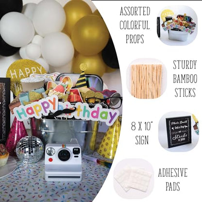 Birthday Photo Booth Props - 41-pc Kit with 8 x 10-Inch Sign, 60 Adhesive Pads, 45 Sticks
