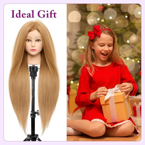 Mannequin Head with 80% Real Human Hair - 28 Inch Cosmetology Hairdressing Training Head Practice Doll Head Manikin Styling Head Braiding Mannequin Head - color: Blonde#27B