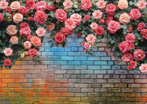 8x6FT Pink Rose Flower Backdrop Colorful Brick Wall Flowers Backdrops Wedding Birthday Party Baby Showers Decorations Background D771 - size: 8x6ft