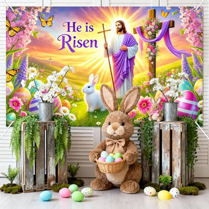 BlissYard Happy Easter Banner 71x43 Inch He is Risen Easter Backdrop Spring Christian Cross Lily Jesus Photography Background Religious Party Decorations Photo Banner Booth Studio Props - color: He is Risen Banner#1