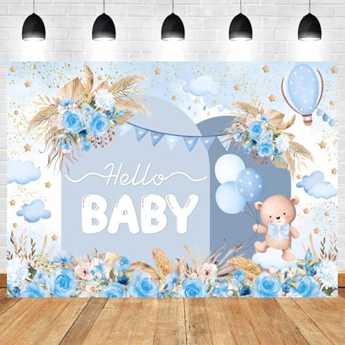 5x4ft Hello Baby Backdrop Blue Gold Boho Floral Bear Baby Shower Photography Background Balloon Stars Clouds Banner Decorations Welcome Newborn Celebration Party Portrait Photo Booth Prop - color: color 3, size: 5x4ft