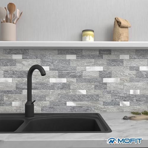 MOFIT Backsplash Tile for Kitchen Peel and Stick Stone Matte Finish,Bathroom Tiles Stickers 3D Wall Panel Linear Mosaic Marble Backsplash Waterproof (5sheets,Gray Silver) - color: Gray Silver, size: 5sheets