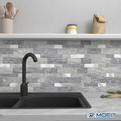 MOFIT Backsplash Tile for Kitchen Peel and Stick Stone Matte Finish,Bathroom Tiles Stickers 3D Wall Panel Linear Mosaic Marble Backsplash Waterproof (5sheets,Gray Silver) - color: Gray Silver, size: 5sheets