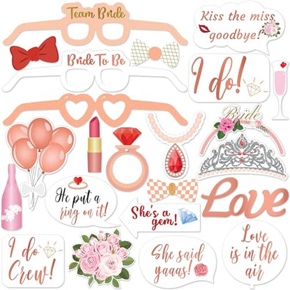 Photo Booth Props - 23 Pink Fizz Pieces - Fun Photobooth Selfie Accessories - Bridal Shower, Bachelorette, Engagement, or Wedding Party - Photoshoot Supplies - by PixiPy - color: Pink Fizz