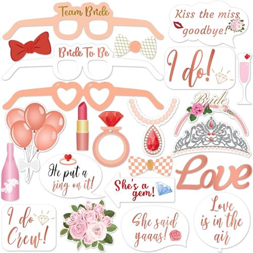 Photo Booth Props - 23 Pink Fizz Pieces - Fun Photobooth Selfie Accessories - Bridal Shower, Bachelorette, Engagement, or Wedding Party - Photoshoot Supplies - by PixiPy - color: Pink Fizz
