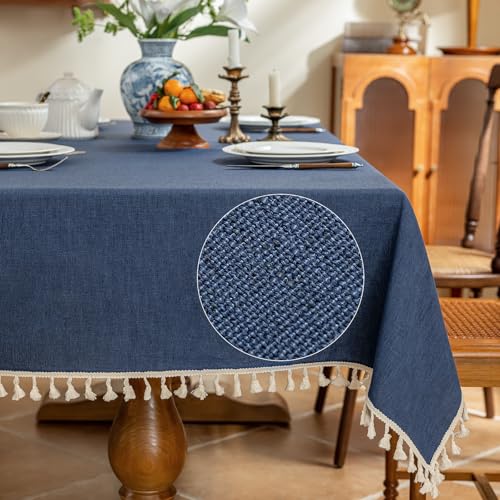 AmHoo Linen Blend Tablecloth Table Cloth 280 GSM Stitching Tassel Rectangle Decorative Natural Table Cover for Kitchen Dinning Wedding Buffet 55×70 inch Sodalite Blue - color: Sodalite Blue, size: 55×70 inch