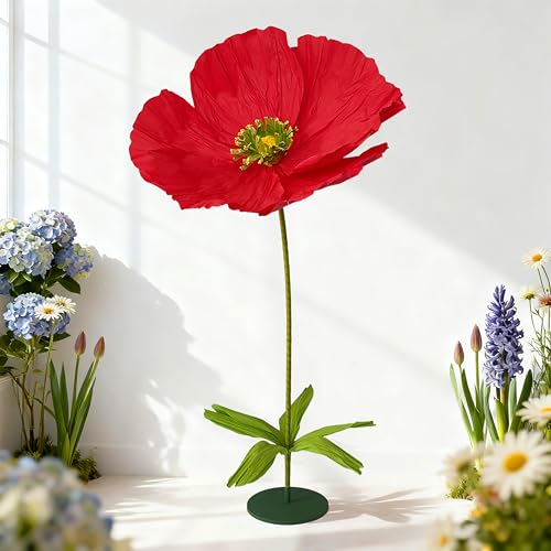 Giant Crepe Paper Flowers,5.8ft Large Paper Poppy Flowers with Base,Oversized Artistic Paper Floral Decor for Wedding,Photography Props (Red, Standing Flower with Base 1 Piece) - color: Red