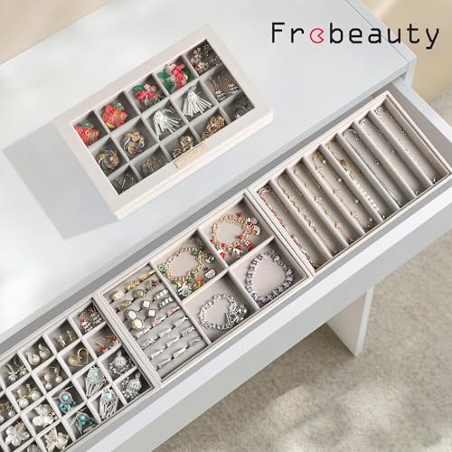 Frebeauty Stackable Jewelry Trays, Velvet Drawer Jewelry Organizer with Glass Lid,5 in 1 Multi-Functional Jewelry Storage for Earrings Necklaces Rings, 10.5 x 6.5 x 5.55 Inches Gift for Women(Grey) - color: Grey, size: Set5-a