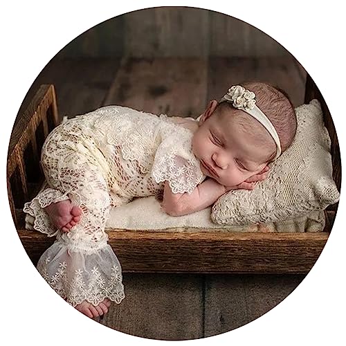 Baby Photography Props Outfit Lace Rompers Newborn Girl Photo Shoot Outfits Flower Headband Princess Costume - color: Beige a