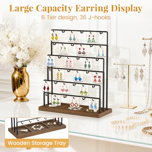 EsLuker.ly Earring Card Display Stand for Vendors Events Selling, Earring Holder Rack Metal 6 Tier 36 Hooks with Wooden Base, Large Capacity Showcase Your Jewelry at Any Event, Black - color: Dark Brown+Black