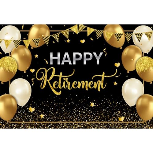 5x3ft Happy Retirement Backdrop for Photography Glitter Black Gold Retirement Party Decorations Banner Background Gold Sequins Balloons Men Women Celebrate Retirement Party Supplies Props - color: Black Gold07, size: 5x3ft