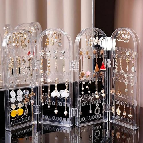 Earring Holder Organizer, Jewelry Organiser Stand, 4 Panels 260 Holes Foldable Screen Necklace Rack Multi-Purpose Dressing Tabletop Jewelry Holder for Necklaces Earrings Bracelets Rings
