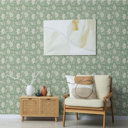 Main Street Peel and Stick Wallpaper Eco-Friendly Sheets 12 Pack, 11 X 16 Inch Block Print Floral Design, Wall Mural for Home Decor, Removable Wall Decor Wallpaper Peel and Stick for DIY Projects - style: Block Print Floral