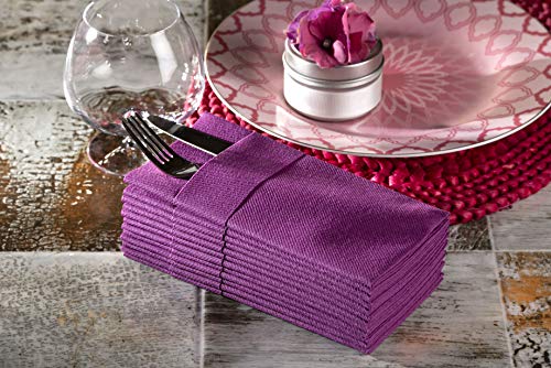 Moyes Home Purple Disposable Dinner Napkins with Pocket - Linen-Feel Pre-Folded Cloth-Like Paper Napkins for Silverware, Weddings, Dinner Parties, 16x16 in, Pack of 50 - color: Purple
