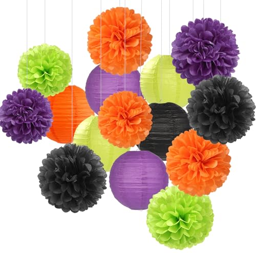 Black-Orange Purple Green Halloween Party-Decorations - 15PCS Paper Flowers Lanterns Tissue Pom Poms Streamers,Vintage Birthday Baby Shower Bachelorette Wedding Bathroom Hanging Supplies Decor Hugfond - color: Orange Green Purple