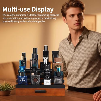 Perfume Organizer for Men, 4 Tier Wood Perfume Display Stand with Velvet Lining Drawer and Hidden Compartment for Watch,Jewelry,Perfume Display Risers,A Gift for Men (Black+Walnut) - style: 4 Tier - BlackWalnut