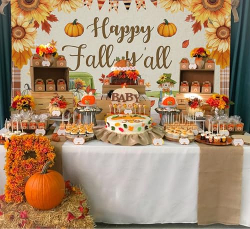 Mocsicka 7x5ft Happy Fall Y'all Banner Backdrop Autumn Pumpkin Harvest Thanksgiving Happy Fall Decorations Hello Fall Maple Leaf Thanksgiving Birthday Baby Shower Photo Booth Props - size: 7x5ft