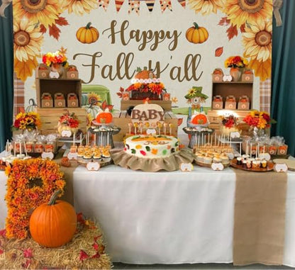 Mocsicka Happy Fall Y'all Backdrop Fall Party Background Banner Pumpkin Patch Maple Leaves Autumn Harvest Thanksgiving Decorations Banner Photo Booth (8x6ft) - size: 8x6ft