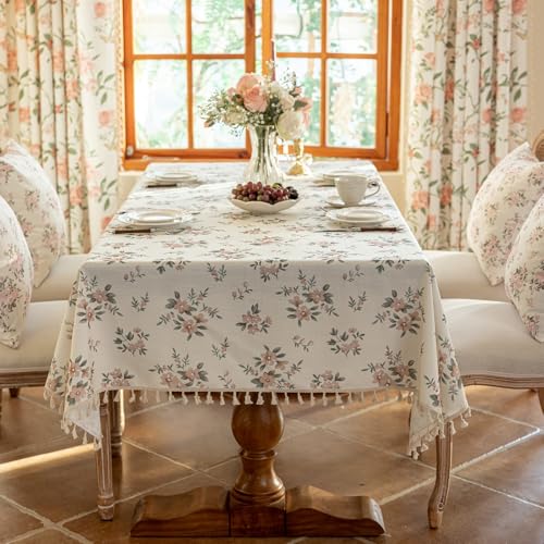 VClife Shabby Chic Pink White Floral Printed Tablecloth for Thanksgiving Christmas Home Party, Soft Cotton Linen Furniture Table Cover Washable Table Cloth for 10-12 Seaters (60"x120") - color: Small Pink Flowers, size: 120" x 60" (Rectangular)