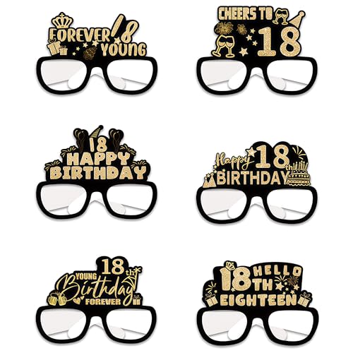 18th Birthday Paper Glasses Eyewear Decorations for Boys Girls - 6Pcs Black Gold Glitter Forever Young 18 Eyeglasses Photo Props, Vintage Eighteen Year Old Party Supplies - color: Black