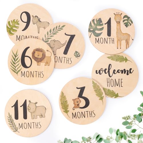 Baby Monthly Milestone Cards Sign - 7 Double Sided Animals Marker Wooden Circles Discs Newborn Photography Prop, Pregnancy Journey Birth Announcement Sign Baby Boy and Girl Gift Sets