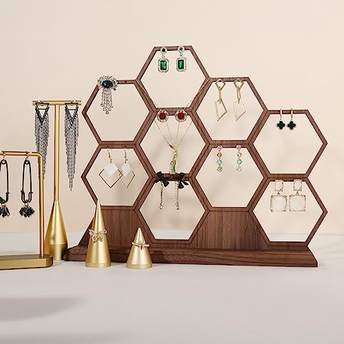 hexagonal jewelry earring display stands for selling, wooden necklace jewelry organizer hanging, walnut earring hanger dangle holder for show, home decor【Jewelry shelf-Hexagon】