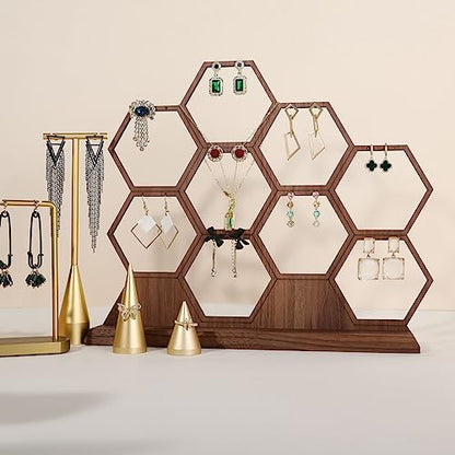 hexagonal jewelry earring display stands for selling, wooden necklace jewelry organizer hanging, walnut earring hanger dangle holder for show, home decor【Jewelry shelf-Hexagon】