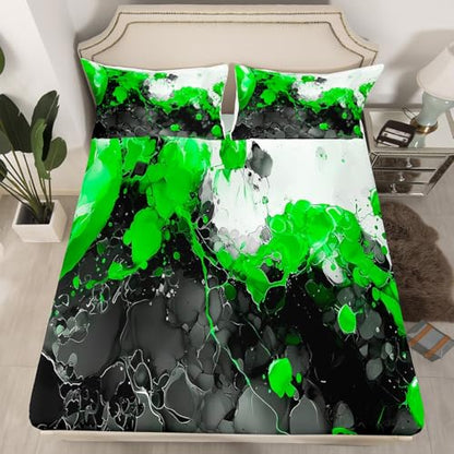 Abstract Art Fitted Sheet Green Twin Bed Sheets | Ombre Marble Texture Ink Fluid Art Gradient Black Marbling Bed Set - color: Green, size: Twin