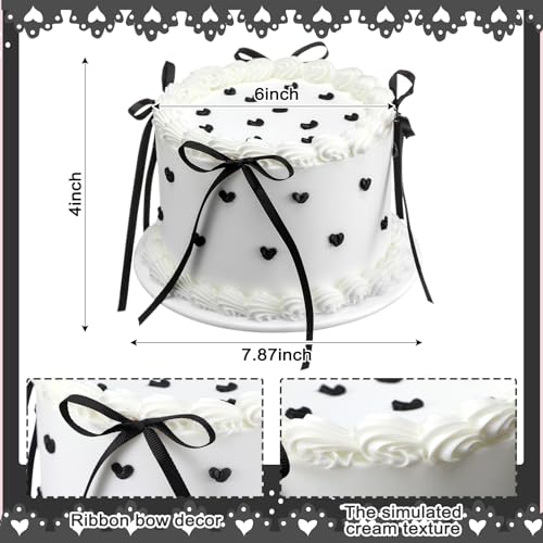 Remerry 6 Inch Black Bow White Round Fake Cake Funny Birthday Cake Decor Wedding Dessert Props Artificial White Dessert for Display Photography Women Birthday Wedding Gift - color: White, style: Round