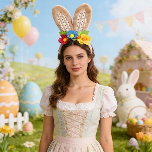 3 Pack Luxurious Easter Bunny Ears Headband Cute Plush Rabbit Ears for Kids Adult Cosplay Birthday Party Supplies - color: 3pcs Headband With Flowers-2