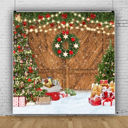 10x10ft Christmas Barn Door Backdrop for Photography Rustic Xmas Trees Wood Plank Photo Backdrop Snow Winter Holiday Backdrops Decorations for Party Supplies Photo Prop
