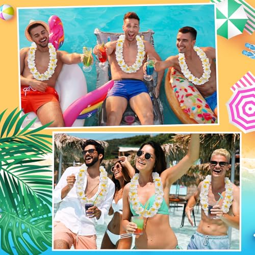 Sherr 24 Pcs LED Leis Light Up Wedding Hawaiian Leis Flower Necklace with LED Lights Beach Tropical Carnival Party Wedding Supplies Luau for Masquerade - color: white and yellow