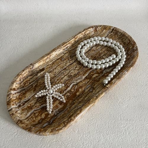 Natural Marble Oval Tray Ornaments Vintage Small Tray Storage Dish for Counter, Vanity, Dresser, Nightstand and Desk (Brown) - color: Brown