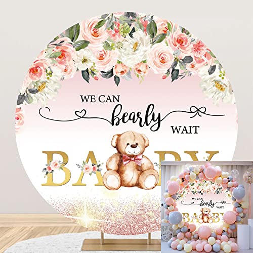 5x5ft Polyester Girl Baby Shower Round Backdrop Cover We Can Bearly Wait Baby Photography Background Pink Floral Flowers Newborn Announce Pregnancy Party Decor Supplies Photo Portrait Props - color: Pink01, size: 5x5ft-Diameter