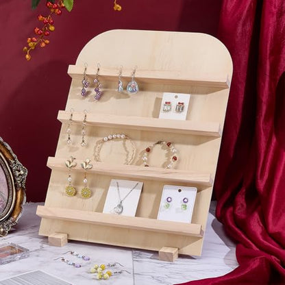 PH PandaHall 4-Tier Wooden Jewelry Display Stand Earring Card Displays Tower Bracelets Stands Rack Craft Fairs Showcase Holder with Slots for Selling Retail Jewelry Showing Exhibition Storage
