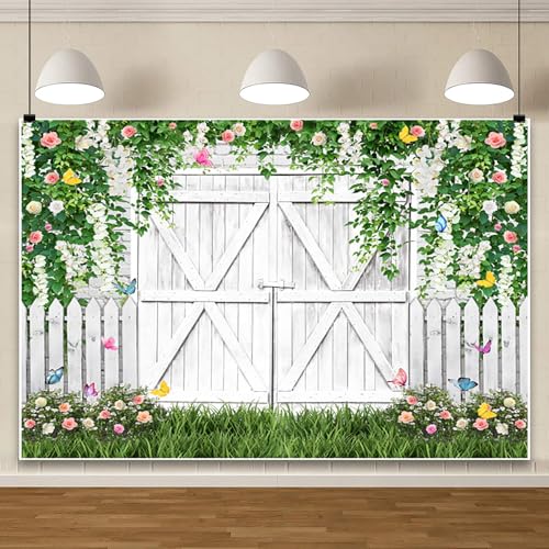 AOFOTO White Barn Door Floral Backdrop 7x5ft Spring Garden Background Banner Green Leaves Flowers Butterfly Wooden Door Backdrops Birthday Bridal Shower Wedding Banner Photo Booth Studio Props - color: white, size: 7x5ft
