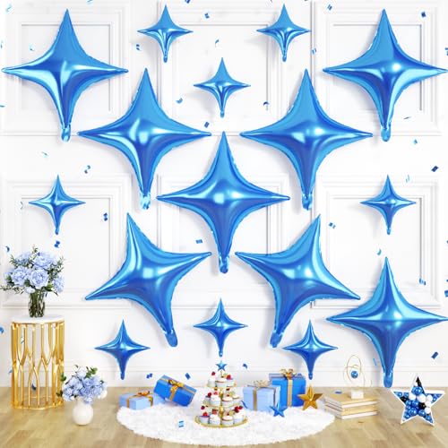 Blue Star Balloons, 16 PCS Four Angle Star Foil Balloons, 26 Inch and 10 Inch Blue Stars Shaped Balloon for Graduation Birthday Baby Shower Anniversary Retirement Engagement Party Decorations - color: Blue