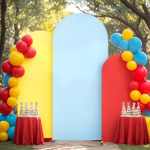 Arch Backdrop Cover Red Yellow Blue Set of 3 Wedding Arch Covers Spandex Backdrop Stand Cover for Birthday Party Ceremony Bridal Baby Shower Banquet Decoration 6FT 6.6FT 7.2FT - color: Red Yellow Blue, size: 6FT+6.6FT+7.2FT
