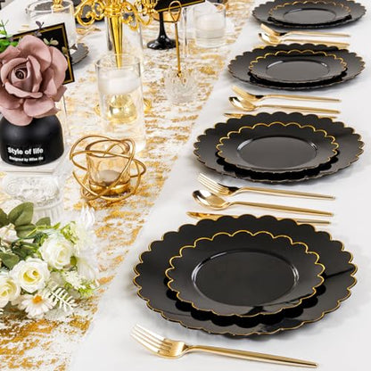 SUT 72 PCS Black Plastic Plates with Gold Rim, plates Disposable Heavy Duty, 10.25 inch plastic Dinner Plate, black Disposable plate for Party - color: Black/Gold, size: 10.25 Inch