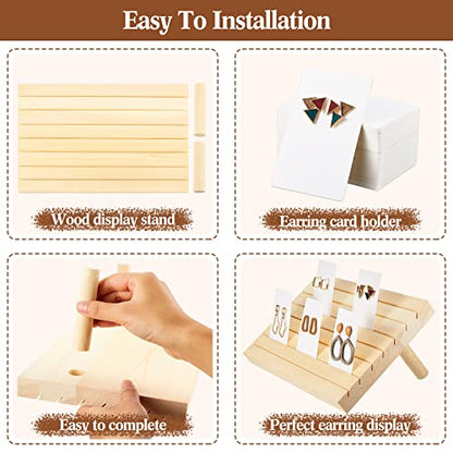 Marsui 62 Pcs Wood Earring Display Stand Earring Card Display 2 Sets of Holder with Cards Jewelry Stands for Selling - color: Wood Color