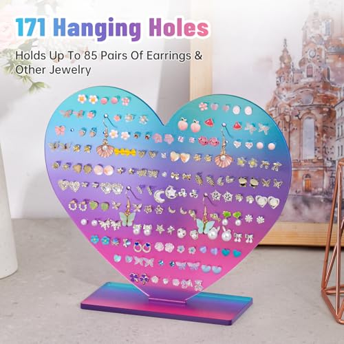 NiHome Heart-Shaped Acrylic Earring Holder Stand for Studs & Dangles, Romantic Jewelry Organizer, Vanity Dresser or Boutique Decorative Display Holds 75-80 Pairs with 171 Holes (Blue to Pink Gradient) - color: Blue to Pink Gradient