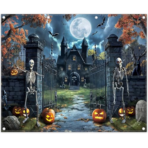 10x8ft Fabric Castle Halloween Backdrop Full Moon Night Scary Skeleton Pumpkin Bat Haunted House Photography Background Spooky Party Decor Photo Props - size: 10'x8'