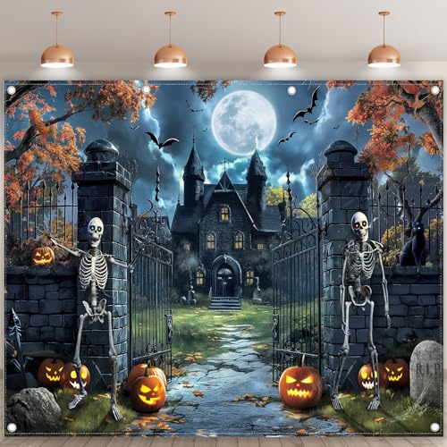 10x8ft Fabric Castle Halloween Backdrop Full Moon Night Scary Skeleton Pumpkin Bat Haunted House Photography Background Spooky Party Decor Photo Props - size: 10'x8'