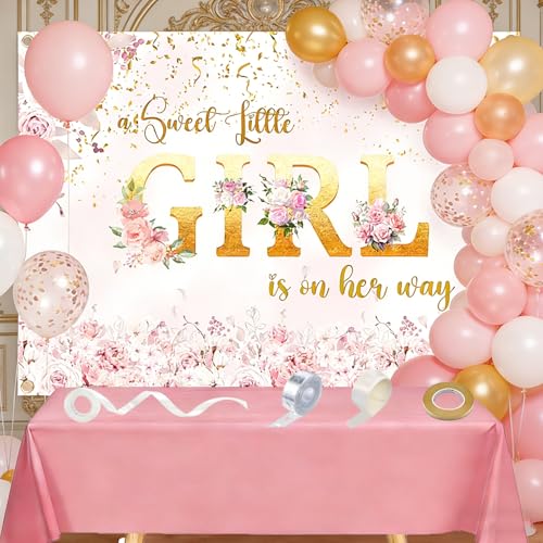 53 PCS Girl Baby Shower Decorations Kit – 7x5FT Pink Floral “A Little Girl is On Her Way” Backdrop Banner with Tablecloth, Balloons, Ribbon, Arch Strip & Dot Tape for Baby Shower Party Decor - color: Baby Shower Backdrop Decorations, size: 7x5FT