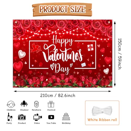 AIBIIN Happy Valentines Day Backdrop Red Flower Happy Valentine's Day Decorations Banner Red Heart Valentines Day Party Decorations Backdrop Photo Booth Props 7x5ft - color: Red, size: 84 x 60inch
