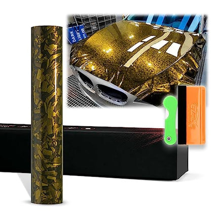 12"x60" (1FTx5FT) Golden Yellow PET Marble Forged Carbon Fiber Textured Gloss Vinyl Wrap Auto Car Sticker Decal Film Sheet Bubble Free Air Release Technology with Tool Kit - color: Golden Yellow, size: 12"x60" (1FTx5FT)