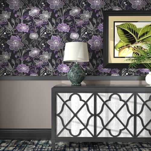 Laatse Purple Floral Wallpaper Peel and Stick Boho Wallpaper Dark Floral Contact Paper Waterproof Self Adhesive Vintage Botanical Wall Paper for Bedroom Walls Cabinet Decor 17.5“x118” - color: Black/Puple, size: 17.5" x 118"