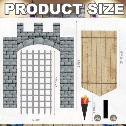 Frienda 105 Pcs Medieval Party Decorations Kit 5.9x6.6 ft Medieval Castle Backdrop Prison Fence Door Cover Fence Rug with 2 Torch Props 100 Paper Chain Brick Stone Fort for Knight Castle Photo Props - style: Medieval