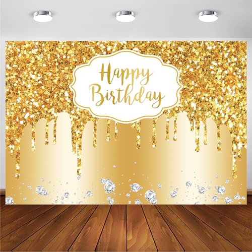 12x8ft Gold Happy Birthday Backdrop Modern Luxury Glitter Diamond Photography Background for Women Girls Sweet Princess Birthday Party Bridal Shower Decor Banner Supplies Photo Booth Props